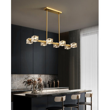 Modern Copper Crystal LED Chandelier For Dining Room, Living Room, Gold, L38.5xw8.2xh22.6"