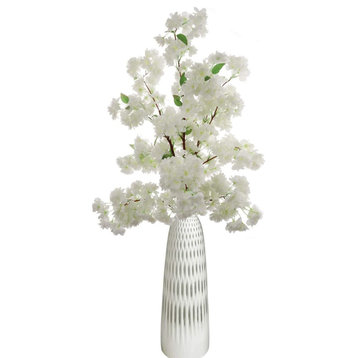 White Cherry Blossom Flowers, Three 30 Inch White Blossom Stem