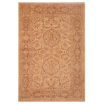 Bareens Designer Rugs - Bohemien Ziegler Delila Tan Brown Hand-Knotted Wool Rug - 5'11'' x 9'1'' - Enhance the ambiance of your home with this magnificent Persian-influenced Turkish hand-knotted rug made by skilled artisans capable of creating the most exceptional vegetable dyes and hand-spun wool. This exquisite handmade rug is a one-of-a-kind Peshawar Kafkaz, otherwise identified as Chobi, Chobi Peshawar, Oushak, or Ziegler rug. These handmade rugs are crafted in Pakistan utilizing superior-quality wool imported from Australia, New Zealand, and Korea in two types of weaves: the Persian weave and the Mori weave. This rug is meticulously crafted by hand using the finest natural vegetable dyes extracted from local plants. The artisans use a blend of hand-spun local and fine merino wool, resulting in a rug with a compelling texture, higher lanolin content, and longer staple. The artisans occasionally incorporate natural or artificial silk into the pile to enhance specific motifs. The finished product is an awe-inspiring execution of flawless design and an understated palette that exudes elegance.
