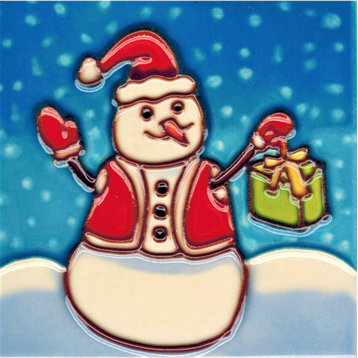 4x4" Snowman Holding a Present Ceramic Art Tile Drink Holder Coaster