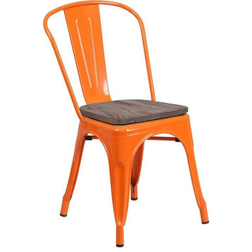 Orange Metal Stackable Chair With Wood Seat