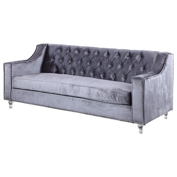 Elegant Sofa, Comfortable Velvet Seat & Swoop Arms With Nailhead Accents, Grey