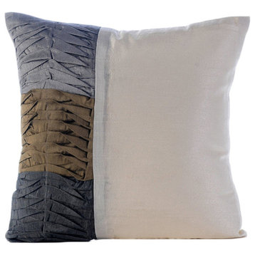 Textured Pintucks Ivory Art Silk 18x18 Pillow Cover, Gray & Earthy Green Waves
