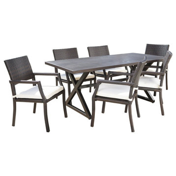 GDF Studio 7-Piece Alania Outdoor Aluminum Dining Set With Wicker Dining Chairs
