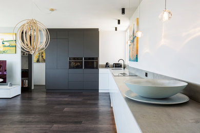 Large scandinavian l-shaped open plan kitchen in Sydney with an undermount sink, flat-panel cabinets, black appliances, no island, brown floor, grey benchtop, grey cabinets and quartz benchtops.