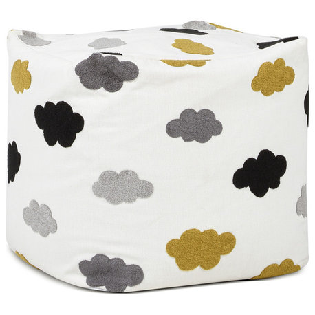 Pouf 23" Oversized Bean Bag Embroidery Cube Ottoman, Cumulus Cream White