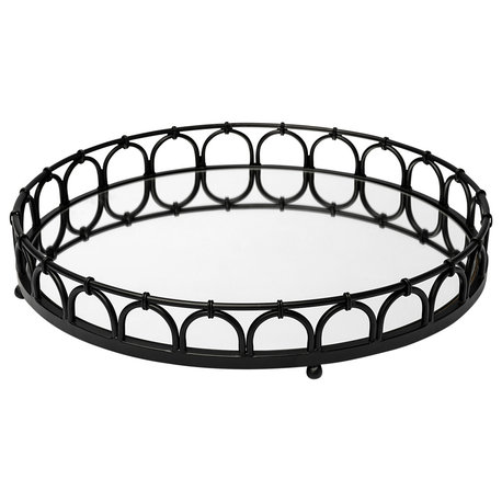Maud 20Lx20W Black Metal Mirrored Bottom Round Serving Tray