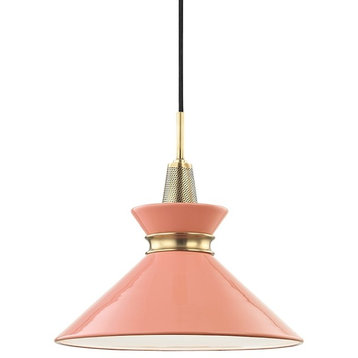 Hudson Valley Kiki 1-Light Small Pendant, Aged Brass/Pink