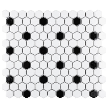 Metro 1" Hex Glossy White w/Black Dot Porcelain Floor and Wall Tile