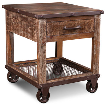 Addison Loft Rustic Solid Wood End Table on Casters