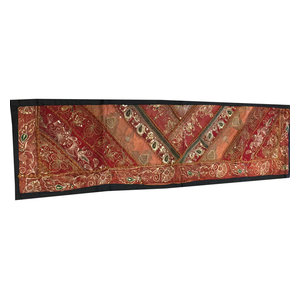 Mogul Interior - Consigned Indian Table Runner Sari, Red and Orange Sequin Embroidered Tapestry - Tapestries