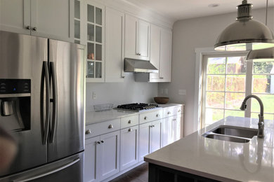 Kitchen - mid-sized contemporary kitchen idea in Other with shaker cabinets, white cabinets and an island