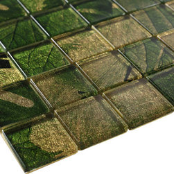 Glossy Green&Gold Flower Square Glass Mosaic Tiles - Home Accessories & Decor