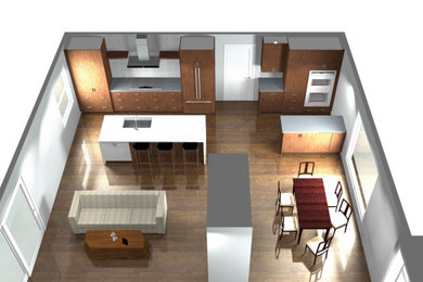Mid-sized minimalist single-wall dark wood floor and brown floor eat-in kitchen photo with an undermount sink, flat-panel cabinets, brown cabinets, quartz countertops, stainless steel appliances, two islands and white countertops
