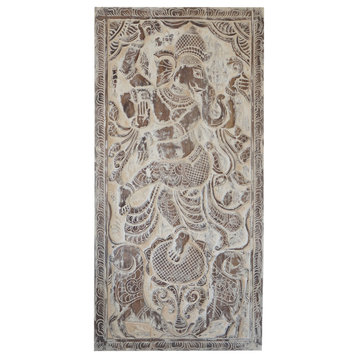 Consigned Divine Dance of Ganesha, Hand-Carved Whitewash Custom Sliding Door