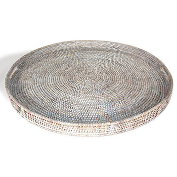 White Rattan Tray With  Handle Round 26"