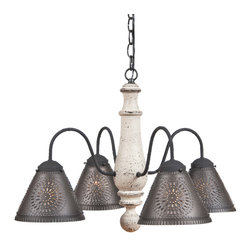 Colonial Wood Wrought Iron Chandeleir Punched Tin Shade, Vintage White - Chandeliers