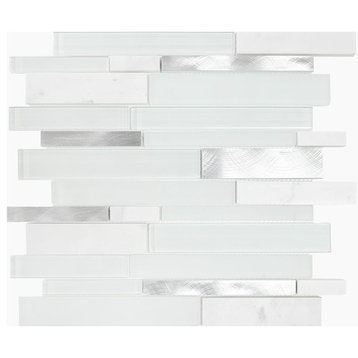 White Gray Glass Metal Marble Mosaic Backsplash Tile, 12"x12"