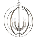 Progress Lighting - Equinox 5-Light Chandelier, Burnished Silver - Inspired by ancient astronomy armillary spheres, the interlocking rings pivot for an infinite variety of positions. Five-light chandelier pendant in Burnished Silver is ideal for installations over a farmhouse table, dining room setting or kitchen island. Can be used individually or in groupings of two or more.