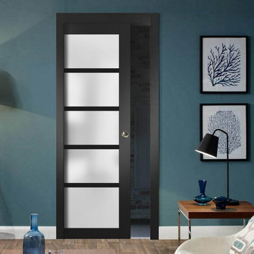 French Pocket Door 36 x 96 Frosted Glass, Quadro 4002 Matte Black