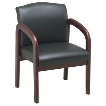 Cherry Wood Visitor Chair With Black Faux Leather Fabric