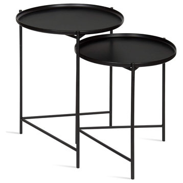 Set of 2 Nesting Side Table, Triangular Shaped Base With Tray Like Top, Black