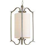 Progress Lighting - 1-Light Large Foyer Pendant, Brushed Nickel - Harkening back to a simpler time, the Inspire Collection freshens traditional forms with flowing lines. Waving metal arms rush from the center to gracefully support off-white linen shades in this one-light large foyer fixture in Brushed Nickel