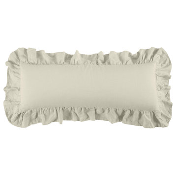 Washed Linen Ruffled Lumbar Pillow, 14" x 36", Light Tan, 1PC