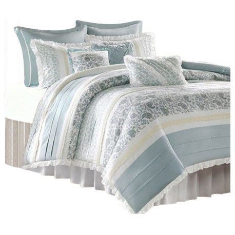 Madison Park Printed-Pieced 9-Piece Duvet Set With Pintuck, Aqua, King