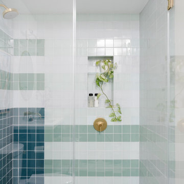 Abstract Glass Guest Bathroom with Custom Fallow Floor