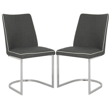 Set of 2 Dining Chair, Open Chrome Base With Cushioned Seat, Grey Polyester