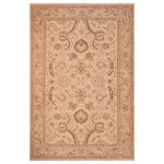 Bareens Designer Rugs - Shabby Chic Ziegler Armando Tan Brown Hand-Knotted Wool Rug - 6'1'' x 9'3'' - Enhance the ambiance of your home with this magnificent Persian-influenced Turkish hand-knotted rug made by skilled artisans capable of creating the most exceptional vegetable dyes and hand-spun wool. This exquisite handmade rug is a one-of-a-kind Peshawar Kafkaz, otherwise identified as Chobi, Chobi Peshawar, Oushak, or Ziegler rug. These handmade rugs are crafted in Pakistan utilizing superior-quality wool imported from Australia, New Zealand, and Korea in two types of weaves: the Persian weave and the Mori weave. This rug is meticulously crafted by hand using the finest natural vegetable dyes extracted from local plants. The artisans use a blend of hand-spun local and fine merino wool, resulting in a rug with a compelling texture, higher lanolin content, and longer staple. The artisans occasionally incorporate natural or artificial silk into the pile to enhance specific motifs. The finished product is an awe-inspiring execution of flawless design and an understated palette that exudes elegance.