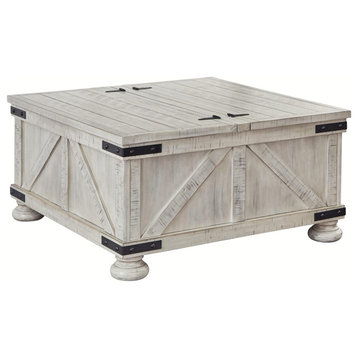 Modern Farmhouse Coffee Table, Dual Lid Top With Inner Storage Space, Whitewash