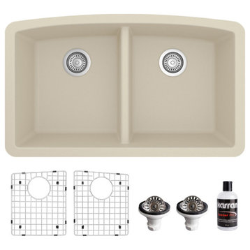 Karran Undermount Quartz 32" 50/50 Double Bowl Kitchen Sink Kit, Bisque