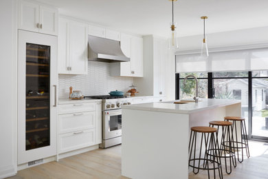 Kitchen - transitional galley kitchen idea in Toronto with recessed-panel cabinets and an island