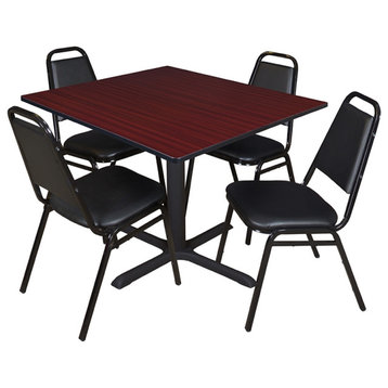 Cain 48" Square Breakroom Table- Mahogany & 4 Restaurant Stack Chairs- Black