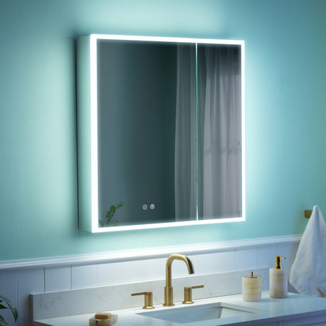 LED Medicine Cabinet with Mirror, 3X Magnifier Glass, Recessed/Surface Mount, 30"x30" Double Doors