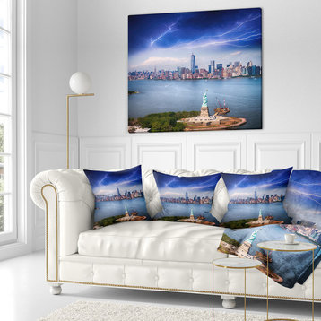 Statue of Liberty And Skyline Cityscape Photo Throw Pillow, 16"x16"