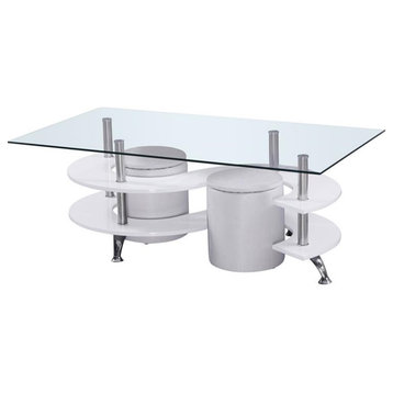 Maklaine Contemporary Glass Coffee Table with White Faux Leather Stools