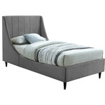 Meridian Furniture - Eva Velvet Upholstered Bed, Gray, Twin - Snuggle up to a pet or other loved one in this richly upholstered Eva grey velvet twin size bed for the ultimate in rest and relaxation. The wing back headboard has cushioned vertical deep channel tufting, and both the side rails and footboard are upholstered too for your comfort. Tapered black wood legs match the upholstery and support this contemporary bed, elevating it sufficiently that you can store items underneath.