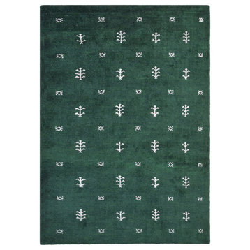 Hand Knotted Loom Silk Mix Area Rugs Contemporary Dark Green White
