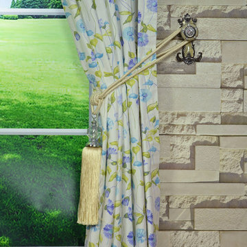 Daisy Chain Double Pinch Pleat Printed Cotton Curtain in Carolina Blue Color
