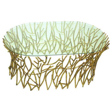 Glass Top Gold Twigs Coffee Cocktail Table Contemporary Branches