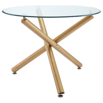 Contemporary Metal and Glass Round Dining Table, Aged Gold