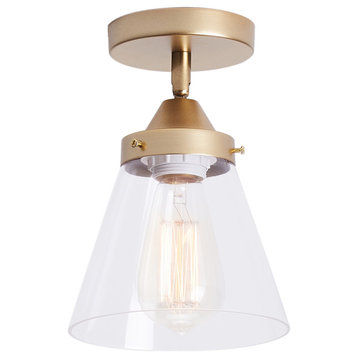 Gold 1-Light Transparent Cone Shape Glass Semi Flush Mount Ceiling Light