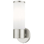 Livex Lighting - Brushed Nickel Contemporary, Minimal, Urban, Clean Vanity Sconce - Add a dash of character and radiance to your home with this wall sconce. This single-light fixture from the Lindale Collection features a brushed nickel finish with a satin opal white glass. The clean lines of the back plate complement the cylindrical glass shade adorned with detailed trim on top creating a minimal, sleek, urban look that works well in most decors. This fixture adds upscale charm and contemporary aesthetics to your home.