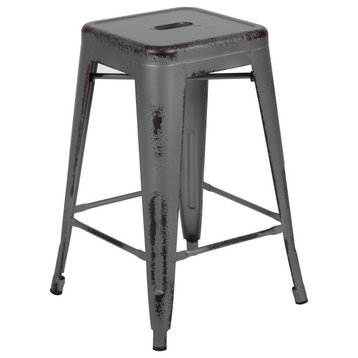 Backless 24" High Metal Counter Stool, Distressed Silver Gray Finish