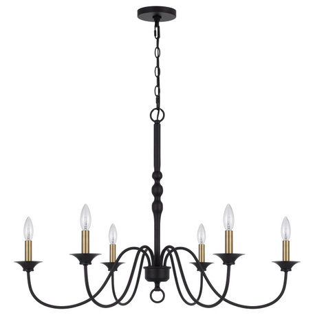 Marino 6 Light Chandelier, Black and Antique Brass