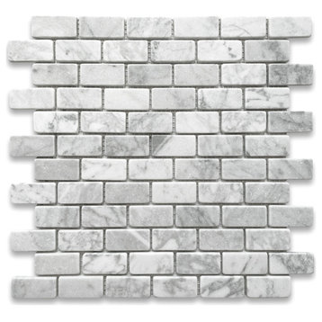 Non Slip Shower Tile Carrara White Marble 1x2 Subway Brick Tumbled, 1 sheet