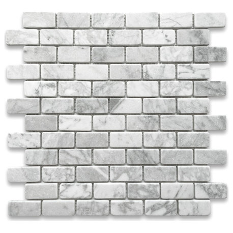 Non Slip Shower Tile Carrara White Marble 1x2 Subway Brick Tumbled, 1 sheet